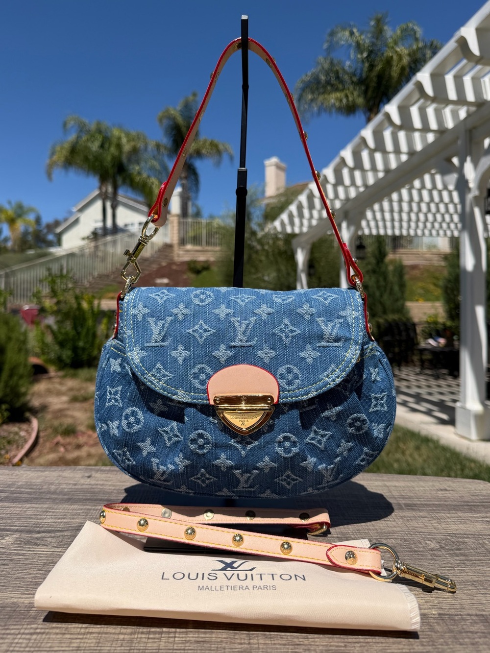 NEW LV Print Monogram Sunset Denim Jean Top Handle Shoulder Bag Gold